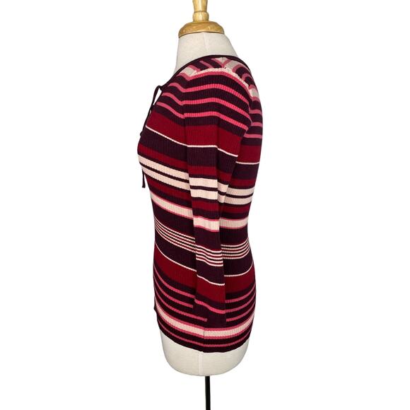 NEW YORK & CO Ribbed Knit Stripe Lace Up Long Sleeve Top Size Small Pink Purple - Picture 2 of 10